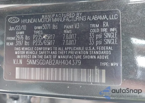 2010 Hyundai Santa Fe Gls from USA, damaged, VIN 5NMSGDAB2AH404379